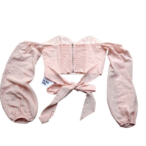 NWT REVOLVE by The Way Off The Shoulder Gingham Boned Crop w/tie in Light Pink - Picture 6 of 11